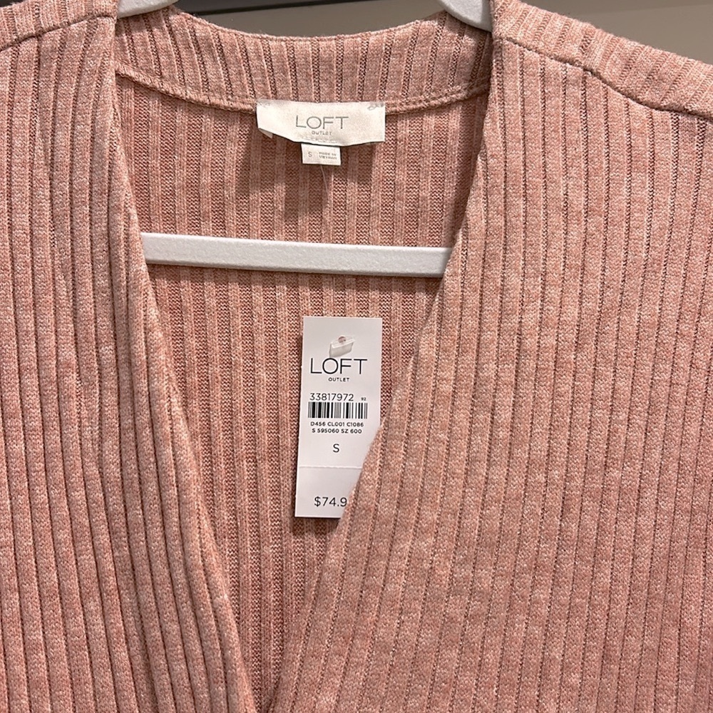LOFT Pink Ribbed V Neck Button Front Cardigan - Picture 2 of 6